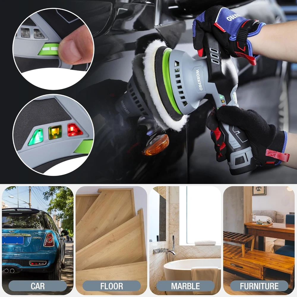 WORKPRO akumuliatorinė ekscentrinė poliravimo mašina 12 V, 150 mm, 2800-5500 aps./min, rinkinys su 2 baterijomis