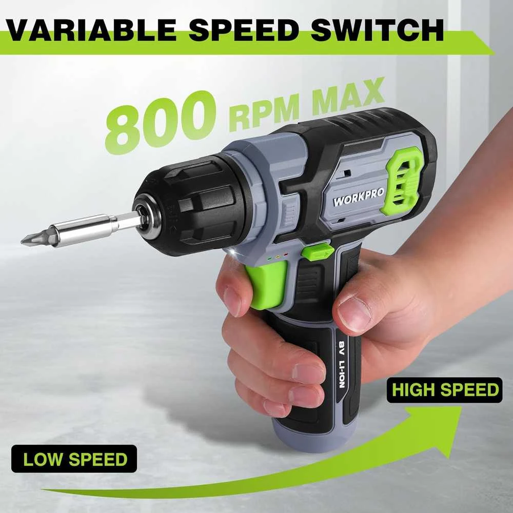 WORKPRO akumuliatorinis gręžtuvas 8 V su 10 mm griebtuvu, LED lempute, kintamu greičiu, 53 dalių priedų komplektu