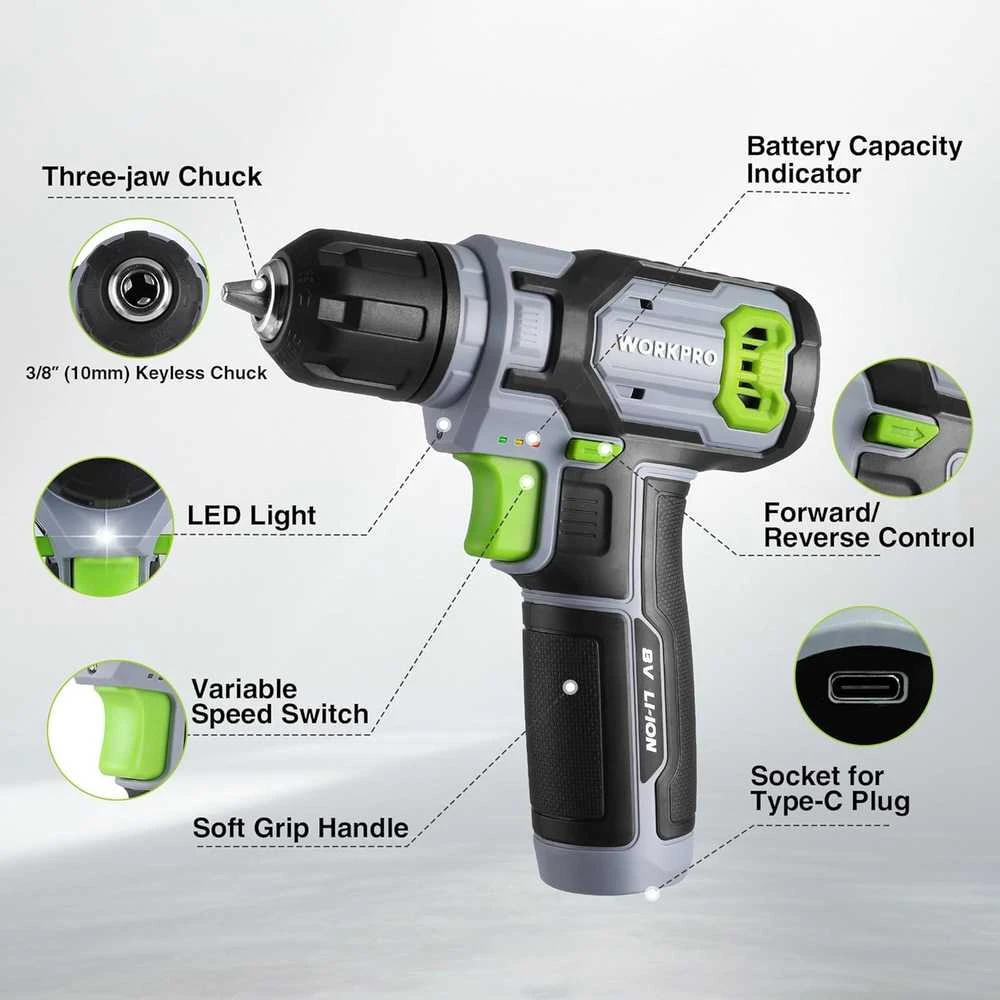 WORKPRO akumuliatorinis gręžtuvas 8 V su 10 mm griebtuvu, LED lempute, kintamu greičiu, 53 dalių priedų komplektu