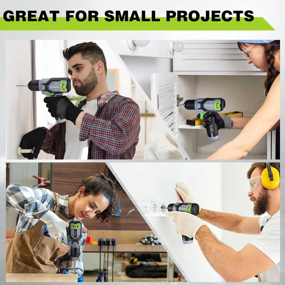 WORKPRO akumuliatorinis gręžtuvas 8 V su 10 mm griebtuvu, LED lempute, kintamu greičiu, 53 dalių priedų komplektu