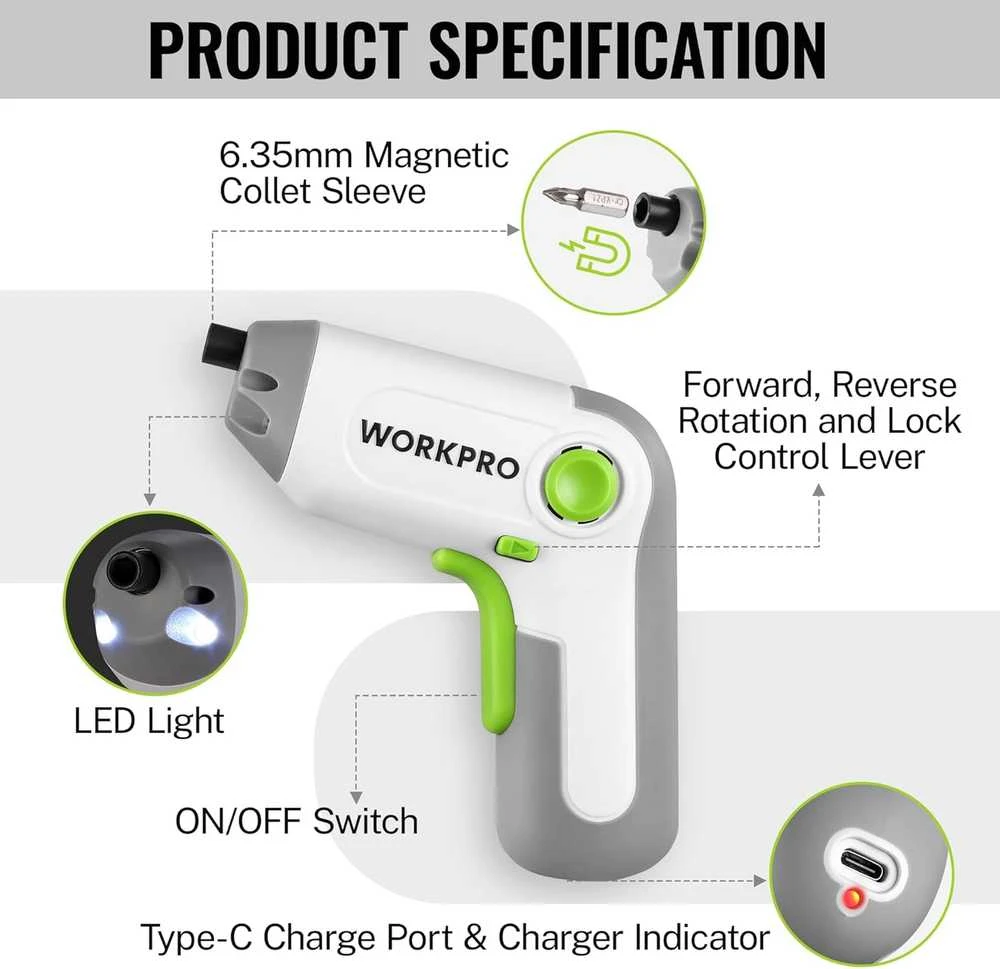 WORKPRO akumuliatorinis suktuvas 3,6 V, 210 aps./min, 2000 mAh, USB-C, LED, W121070A