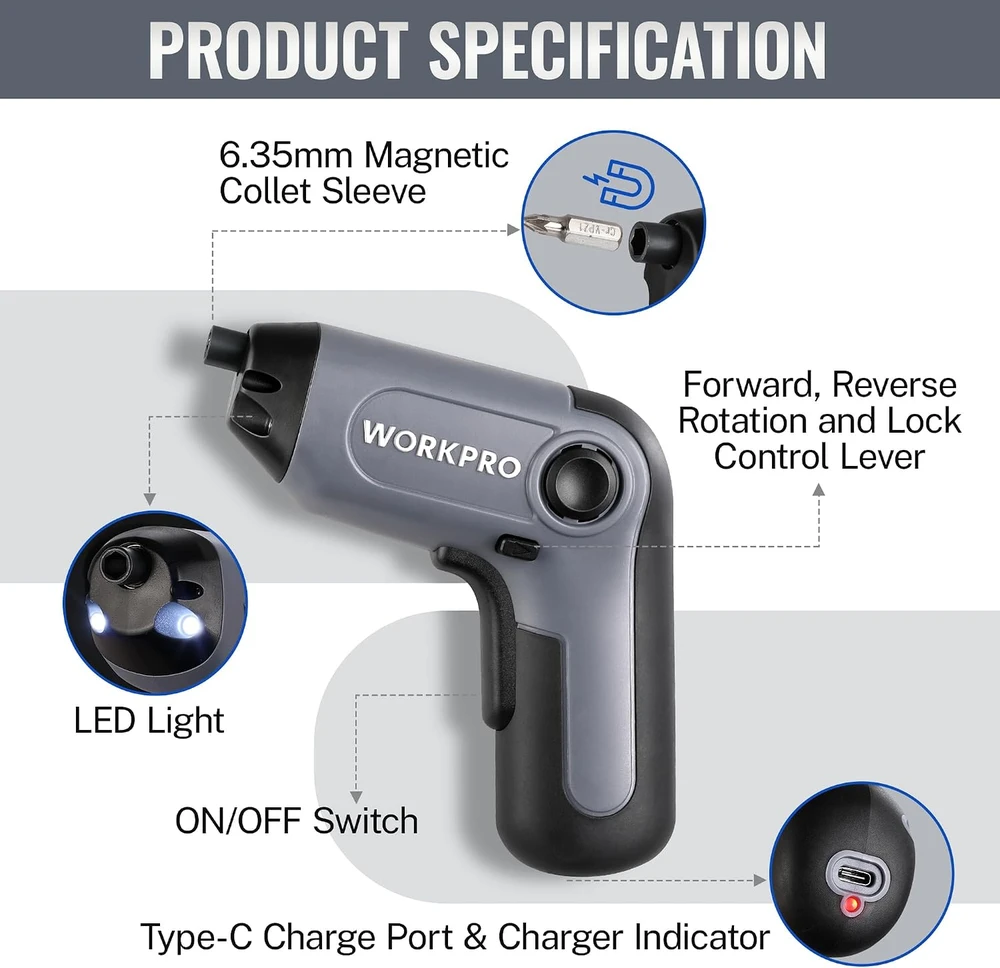 WORKPRO akumuliatorinis suktuvas 3,6 V, 210 aps./min, 21 antgalio rinkinys, LED, W121068A