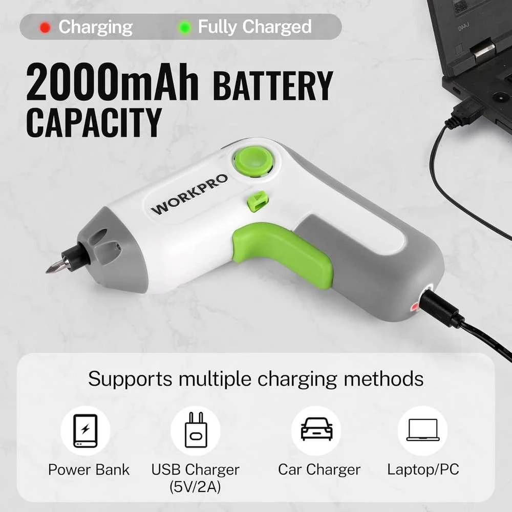 WORKPRO akumuliatorinis suktuvas 3,6 V, 210 aps./min, 2000 mAh, USB-C, LED, W121070A