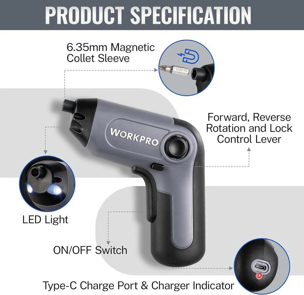 WORKPRO akumuliatorinis suktuvas 3,6 V, 210 aps./min, 21 antgalio rinkinys, LED, W121068A