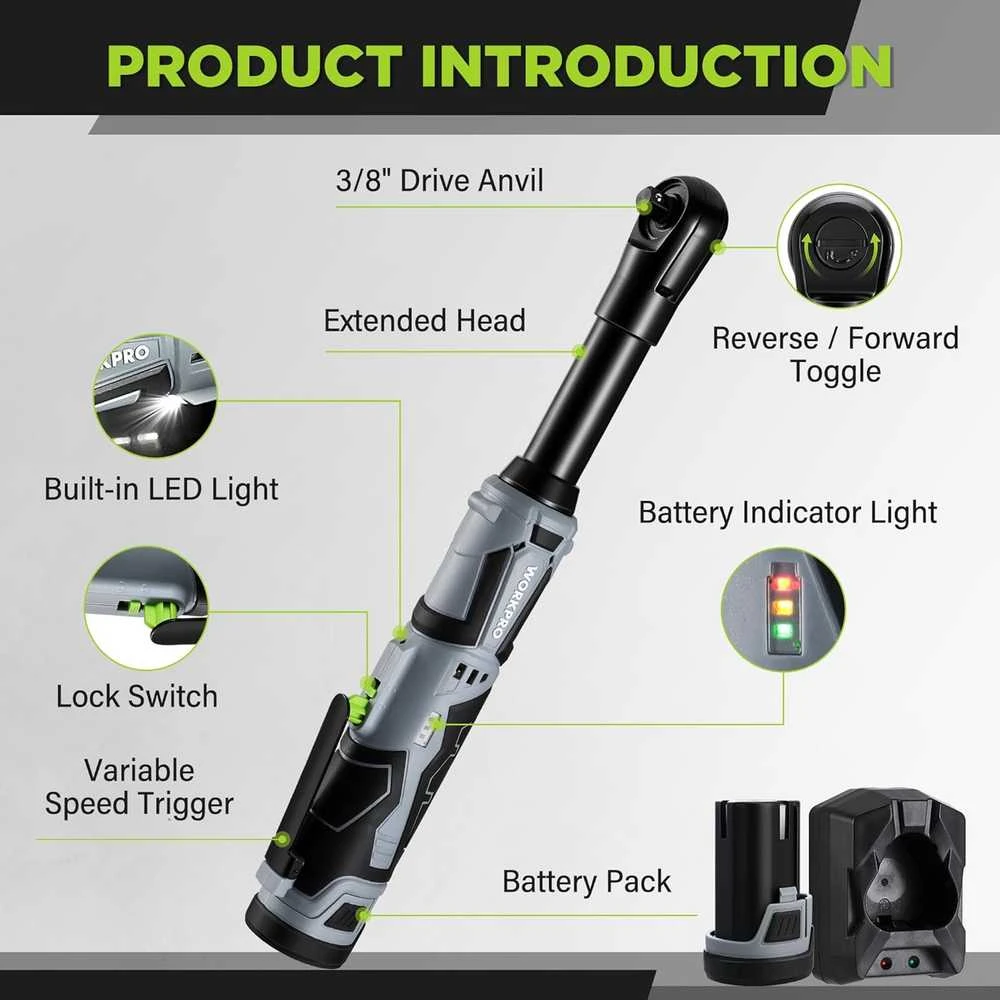 WORKPRO akumuliatorinis veržliaraktis 12 V, 55 Nm, su 2 akumuliatoriais, LED, W125222AU
