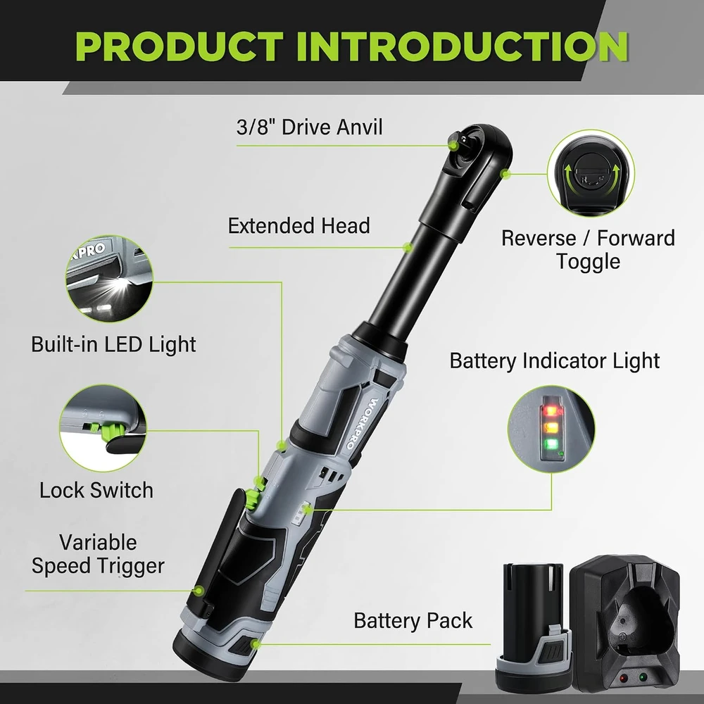 WORKPRO akumuliatorinis veržliaraktis 12 V, 55 Nm, su 2 akumuliatoriais, LED, W125222AU
