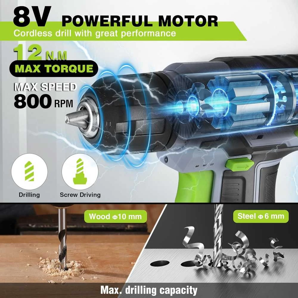 WORKPRO akumuliatorinių gręžtuvų ir suktuvų rinkinys 8 V 2000 mAh, 10 mm griebtuvas, LED, lagaminas