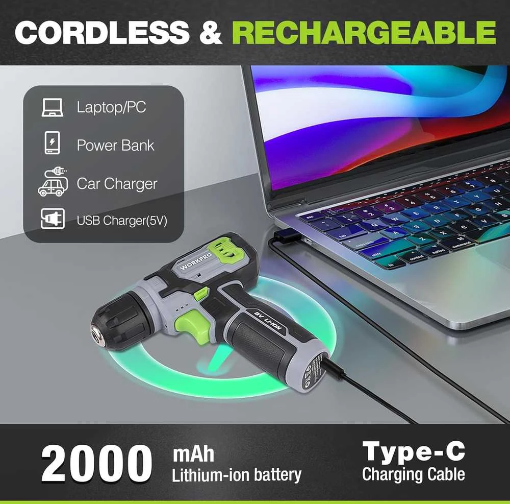 WORKPRO akumuliatorinių gręžtuvų ir suktuvų rinkinys 8 V 2000 mAh, 10 mm griebtuvas, LED, lagaminas