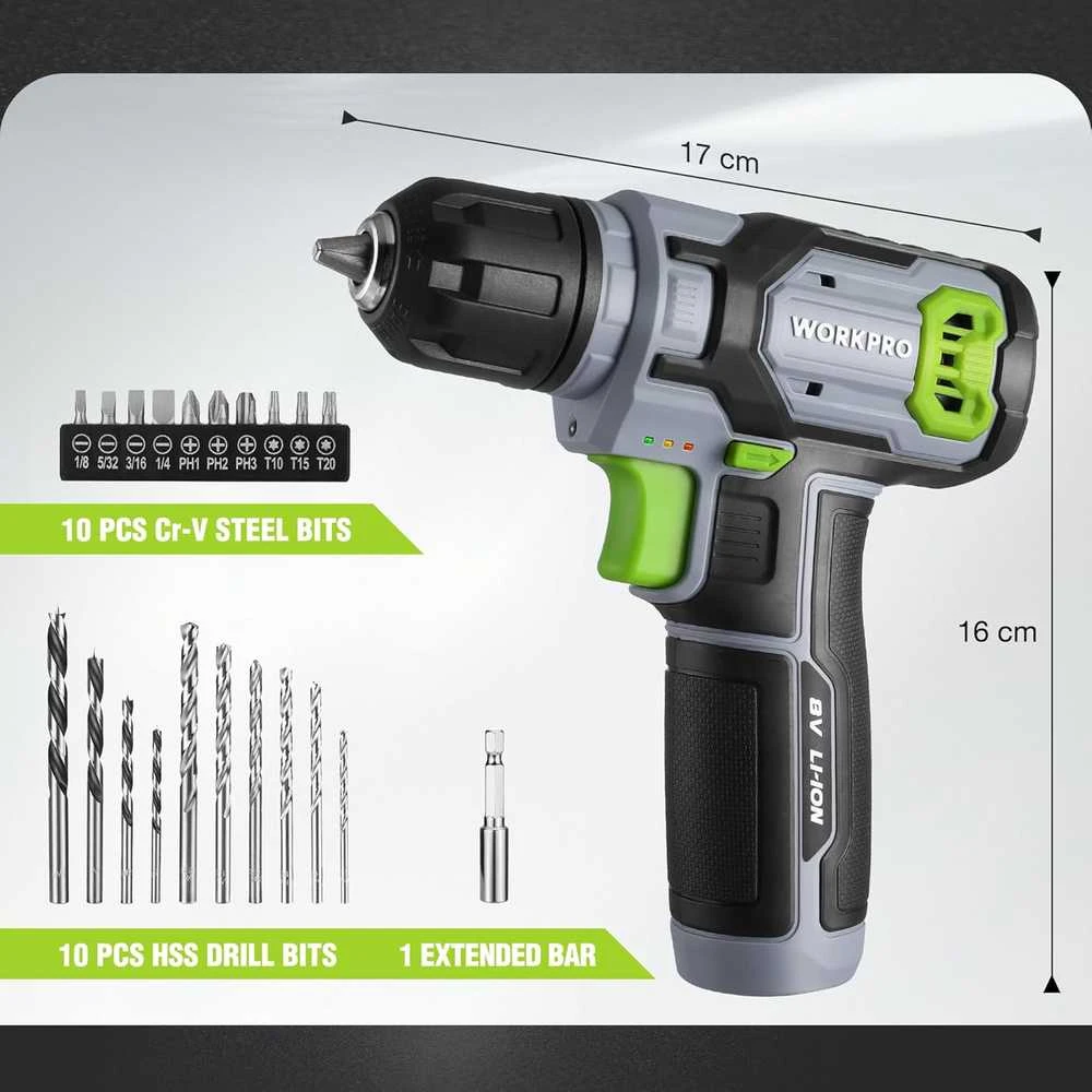 WORKPRO akumuliatorinių gręžtuvų ir suktuvų rinkinys 8 V 2000 mAh, 10 mm griebtuvas, LED, lagaminas