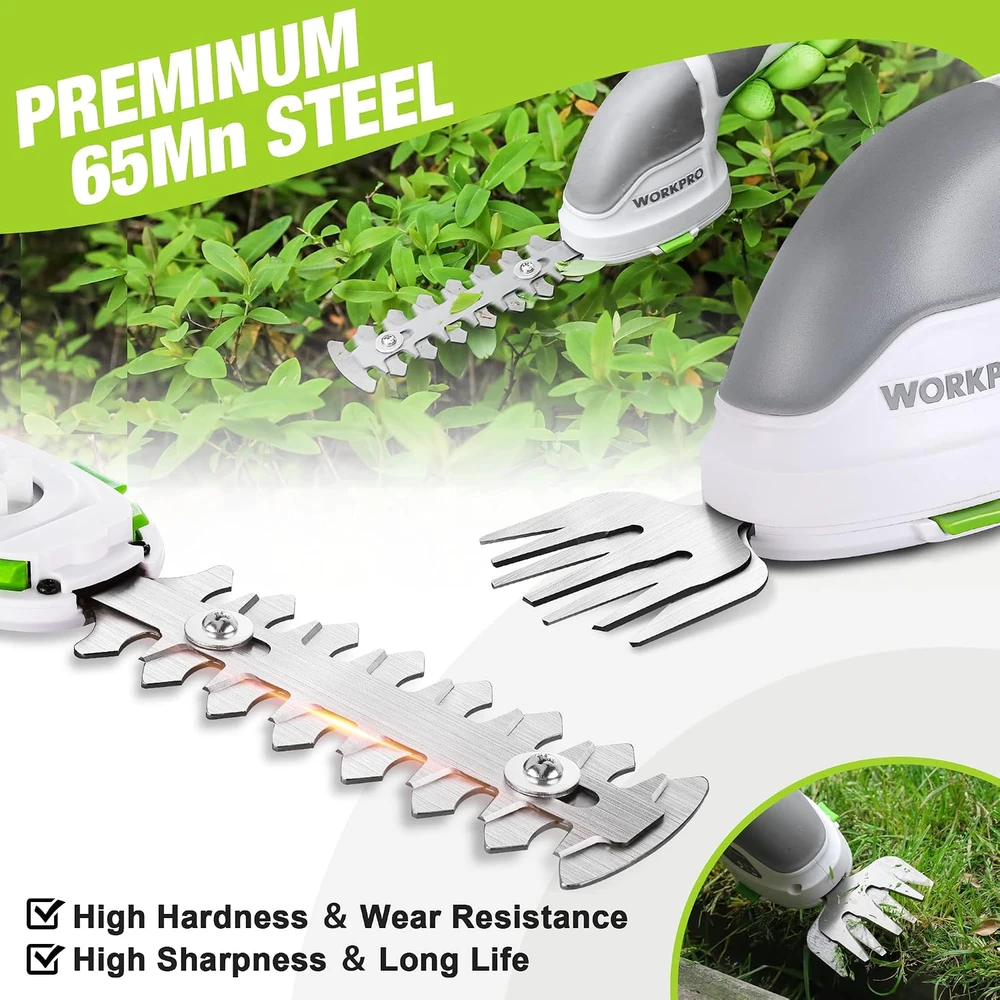 WORKPRO belaidės žolės ir krūmų žirklės 3,6 V Li-ion 2 Ah, 2 ašmenų rūšys, pjovimo plotis 75 mm, baltos