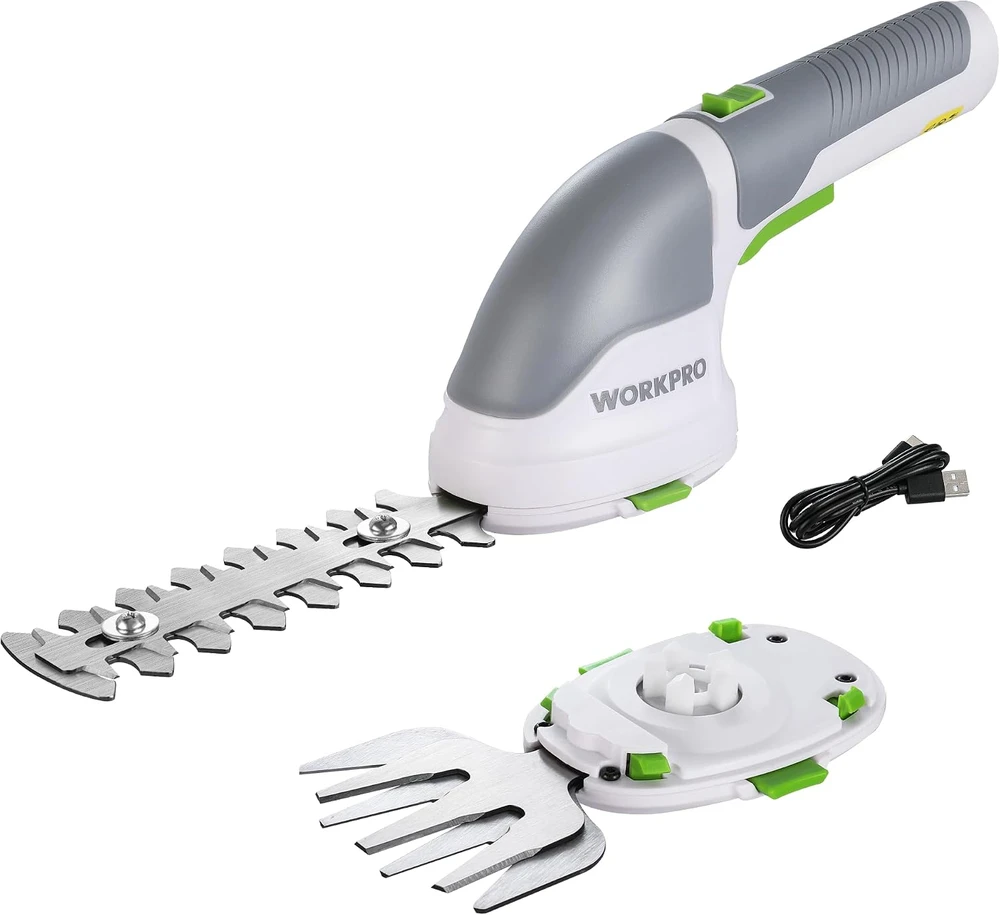 WORKPRO belaidės žolės ir krūmų žirklės 3,6 V Li-ion 2 Ah, 2 ašmenų rūšys, pjovimo plotis 75 mm, baltos