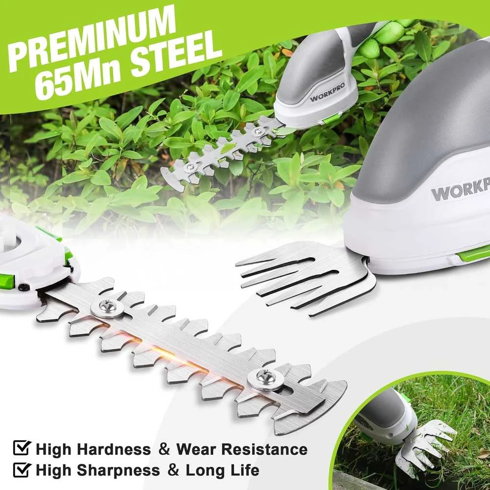 WORKPRO belaidės žolės ir krūmų žirklės 3,6 V Li-ion 2 Ah, 2 ašmenų rūšys, pjovimo plotis 75 mm, baltos