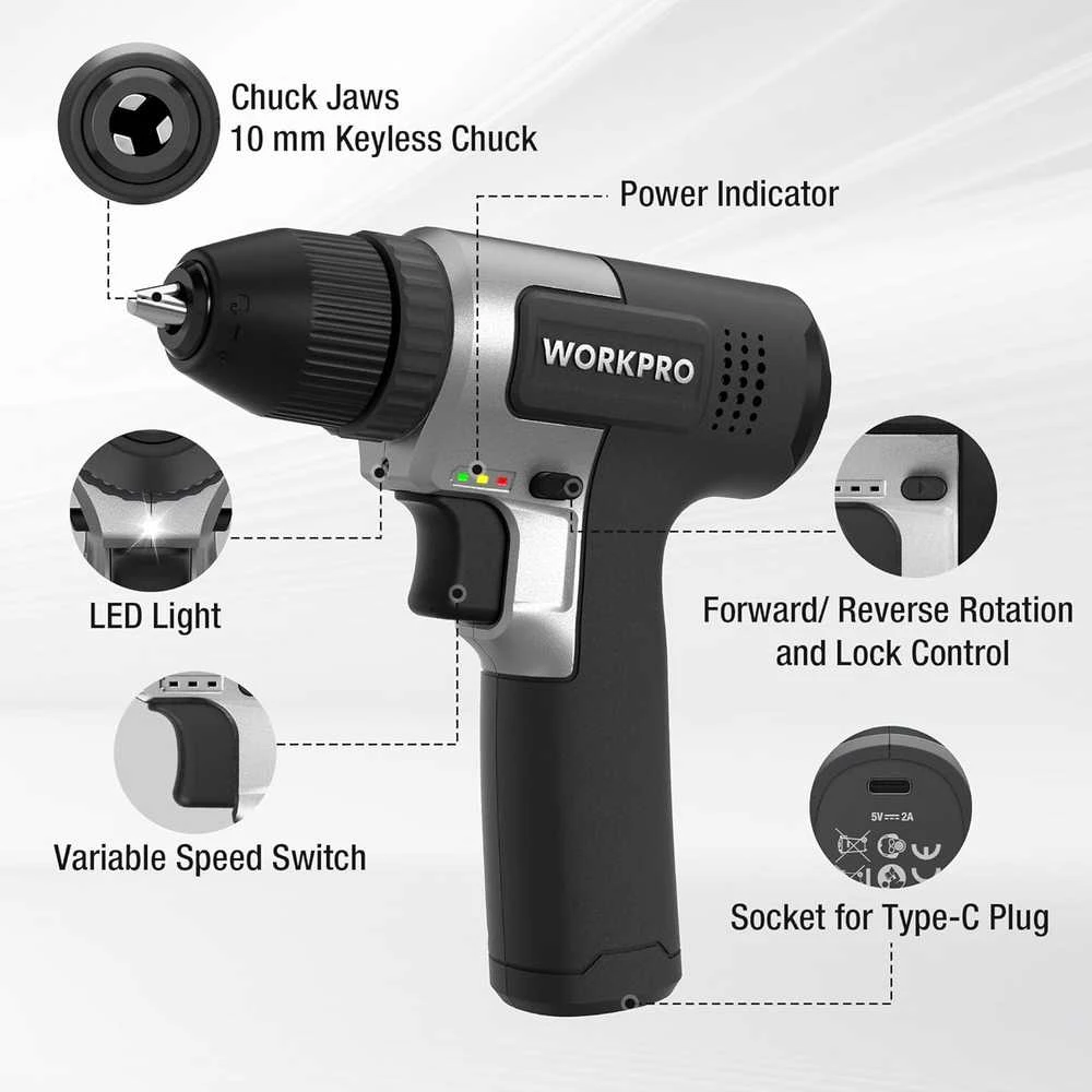 WORKPRO belaidžių suktuvų rinkinys 8 V, USB-C įkrovimas, 2000 mAh akumuliatorius, W122081A