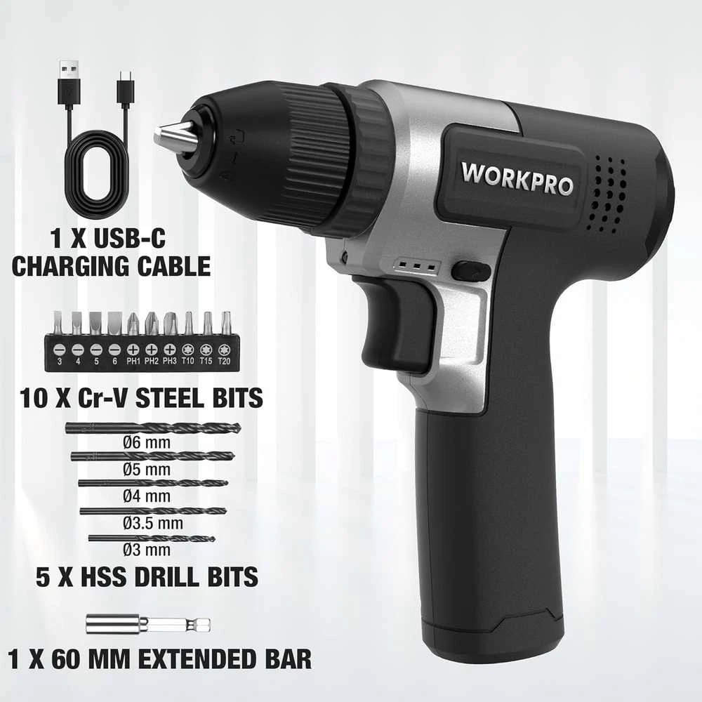 WORKPRO belaidžių suktuvų rinkinys 8 V, USB-C įkrovimas, 2000 mAh akumuliatorius, W122081A