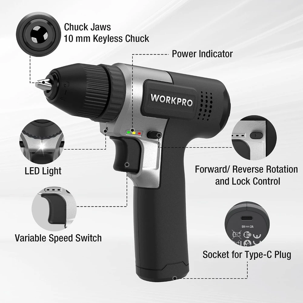 WORKPRO belaidžių suktuvų rinkinys 8 V, USB-C įkrovimas, 2000 mAh akumuliatorius, W122081A