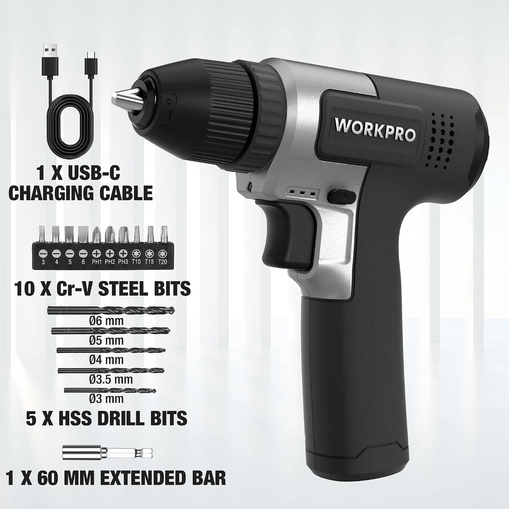 WORKPRO belaidžių suktuvų rinkinys 8 V, USB-C įkrovimas, 2000 mAh akumuliatorius, W122081A
