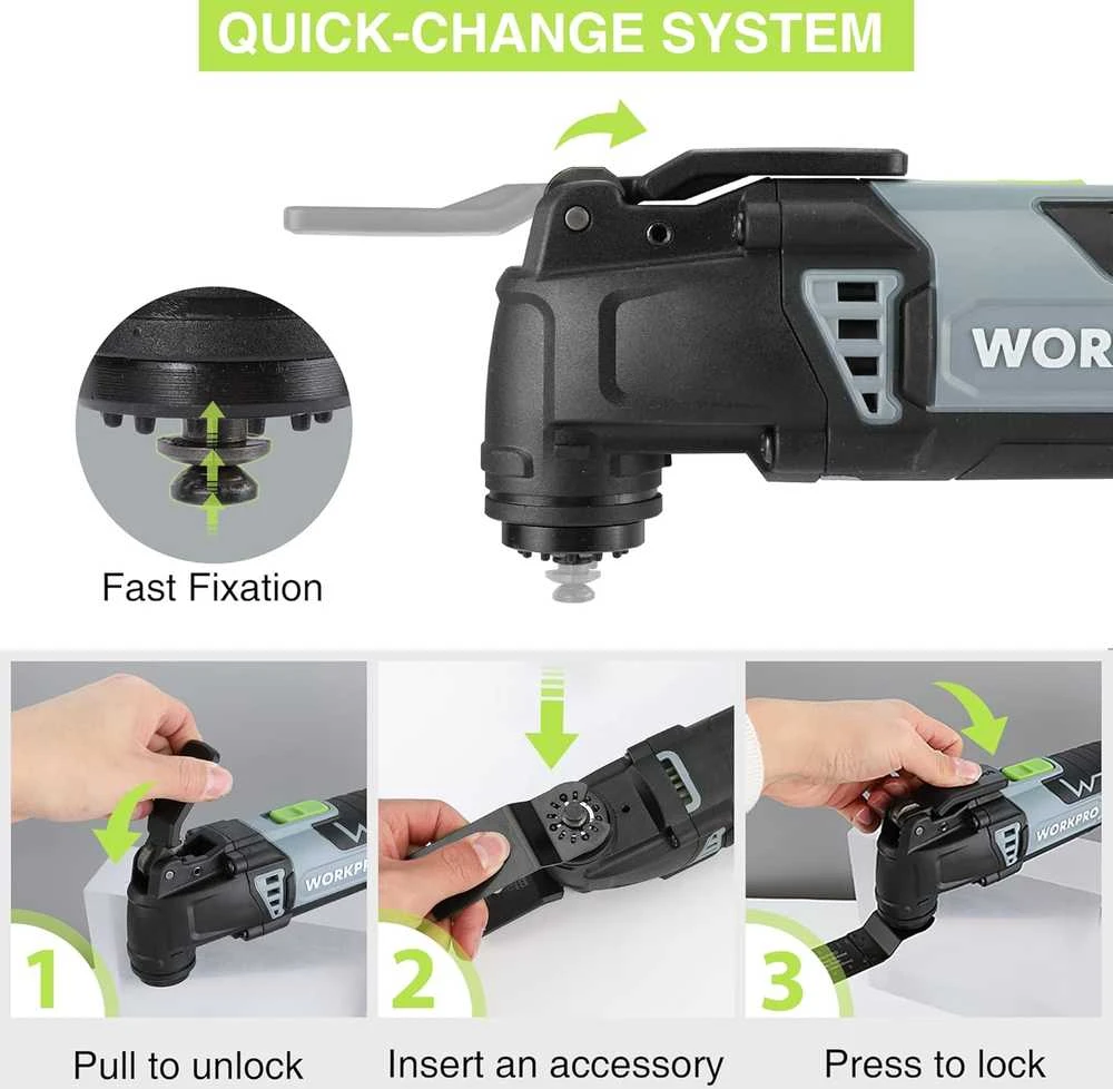 WORKPRO daugiafunkcinis osciliacinis įrankis 300W, 7 greičiai, su 17 priedų, W124746AU