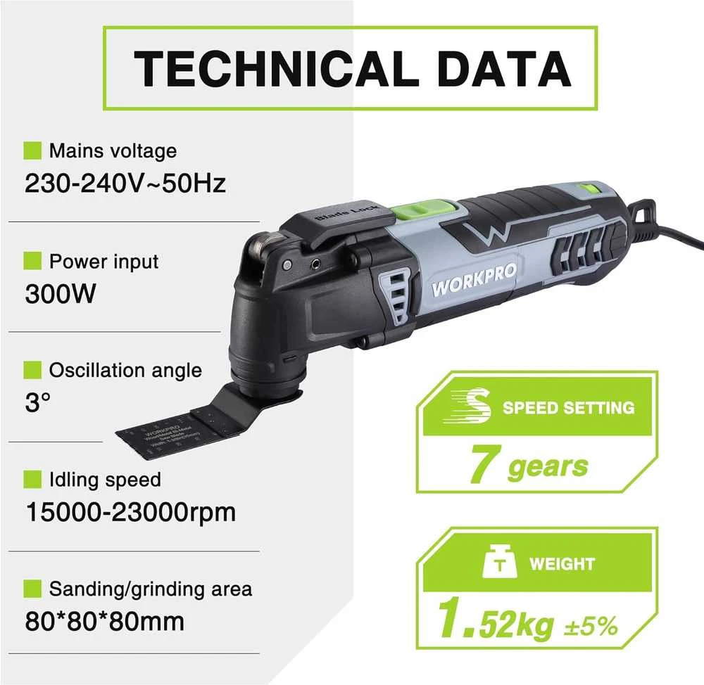 WORKPRO daugiafunkcinis osciliacinis įrankis 300W, 7 greičiai, su 17 priedų, W124746AU