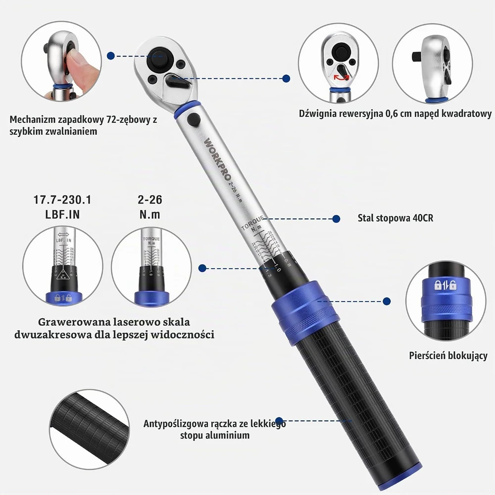 WORKPRO dinamometrinis raktas 2–26 Nm, 72 dantų, 14 dalių rinkinys W003123A