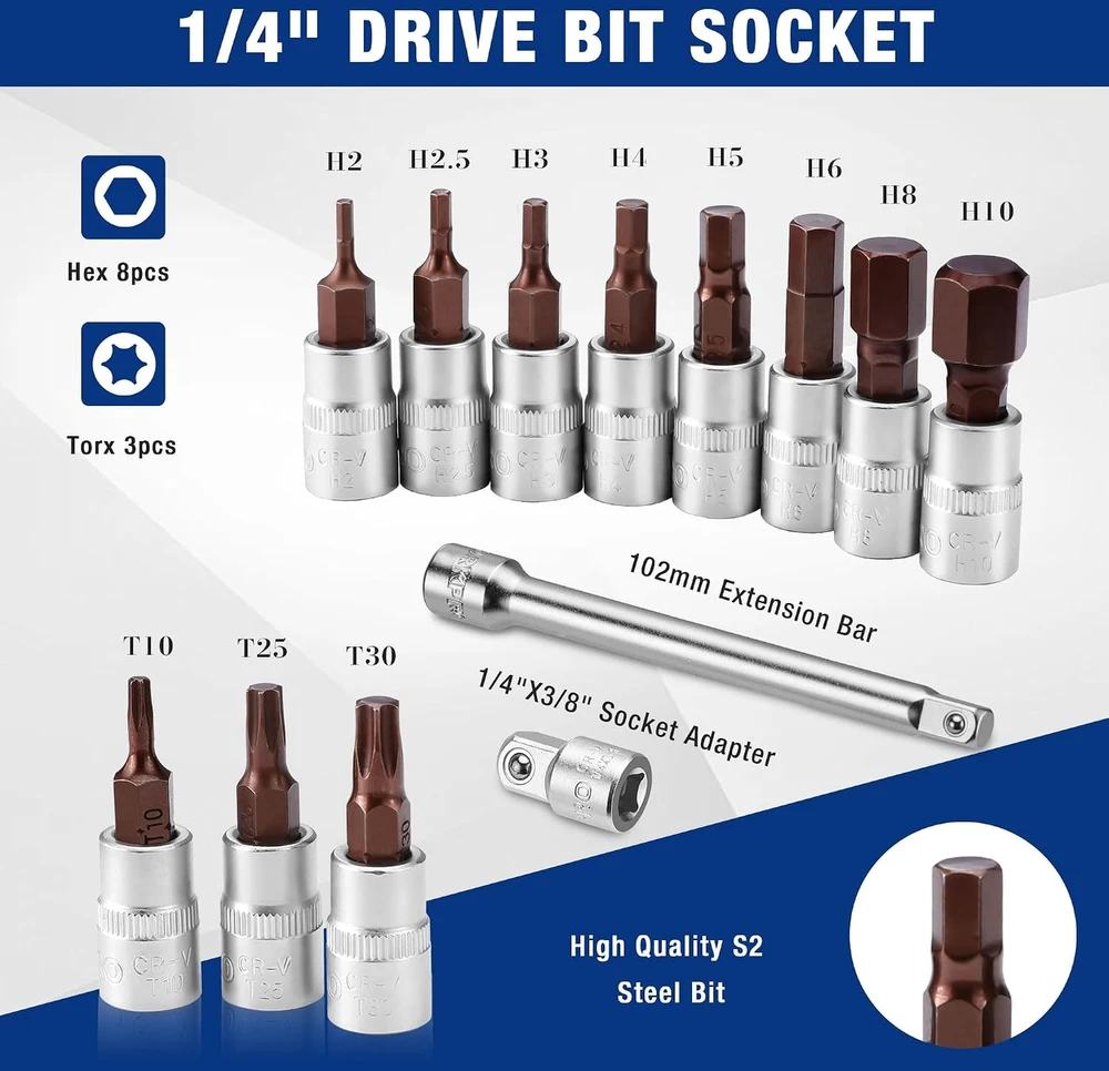 WORKPRO dinamometrinis raktas 2–26 Nm, 72 dantų, 14 dalių rinkinys W003123A