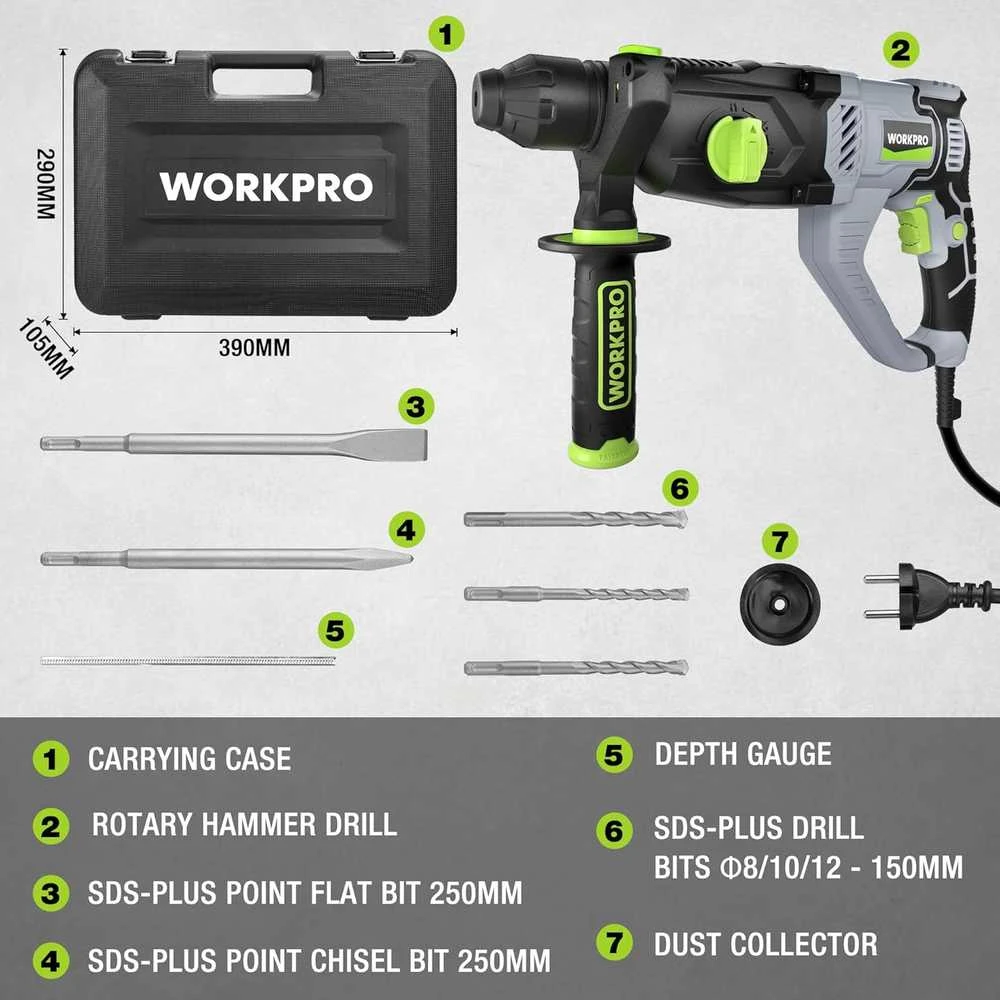 WORKPRO elektrinis perforatorius 1050 W, SDS Plus, 3J smūgio energija, 1150 aps/min, W125243A