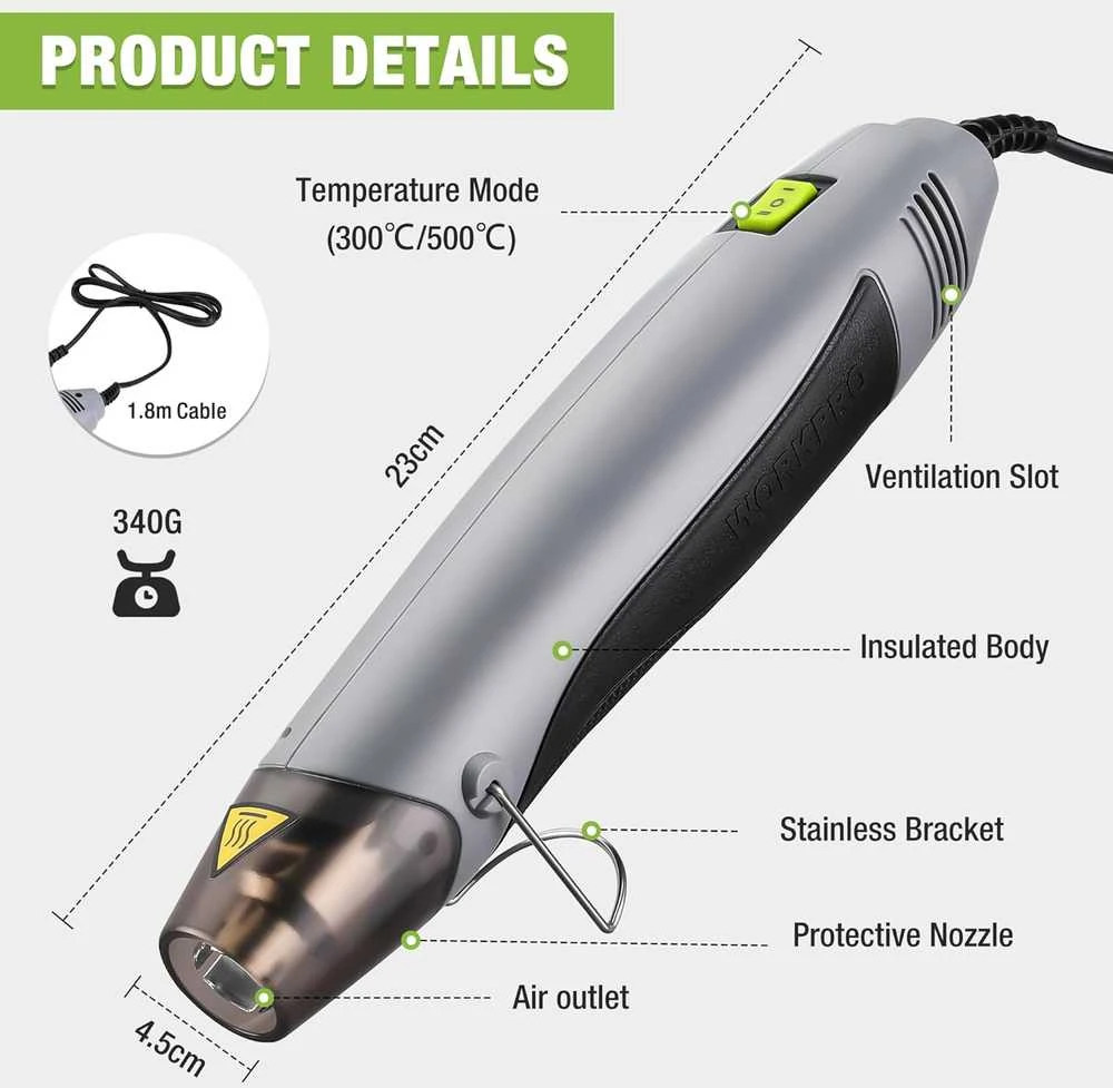 WORKPRO mini karšto oro pūstuvas 400 W su dviem temperatūros režimais, apsauginė galvutė, modelis W125253A