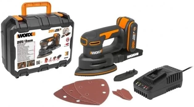 WORX akumuliatorinė detalioji šlifuoklė 20 V su dulkių maišeliu WX822