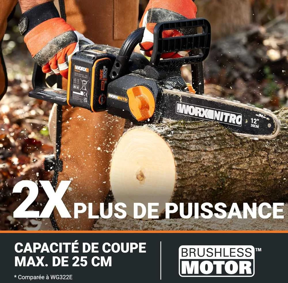WORX akumuliatorinis grandininis pjūklas 20 V, 30 cm ilgio juosta, bešepetėlinis variklis, WG350E
