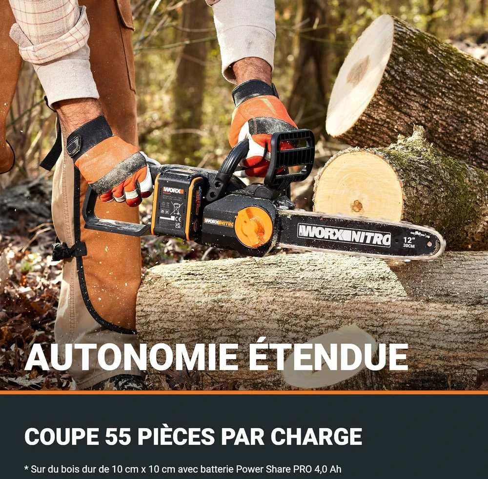WORX akumuliatorinis grandininis pjūklas 20 V, 30 cm ilgio juosta, bešepetėlinis variklis, WG350E