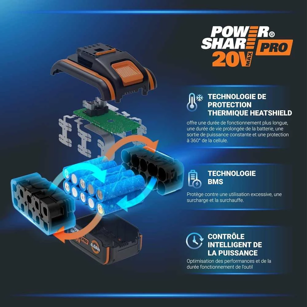 WORX akumuliatorinis grandininis pjūklas 20 V, 30 cm ilgio juosta, bešepetėlinis variklis, WG350E