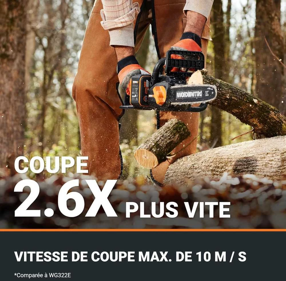 WORX akumuliatorinis grandininis pjūklas 20 V, 30 cm ilgio juosta, bešepetėlinis variklis, WG350E