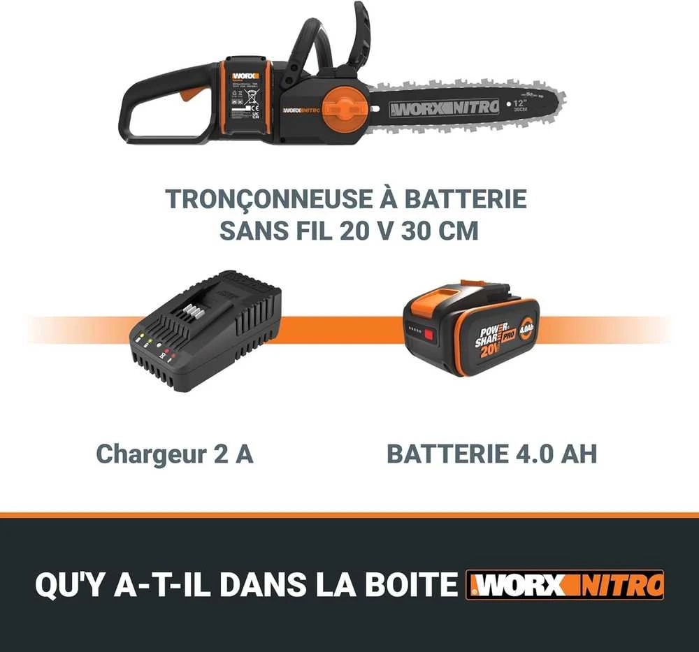WORX akumuliatorinis grandininis pjūklas 20 V, 30 cm ilgio juosta, bešepetėlinis variklis, WG350E