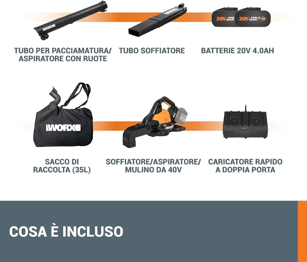 Akumuliatorinis lapų siurblys-pūstuvas Worx WG583E; 2x20 V; 2x4,0 Ah akum.