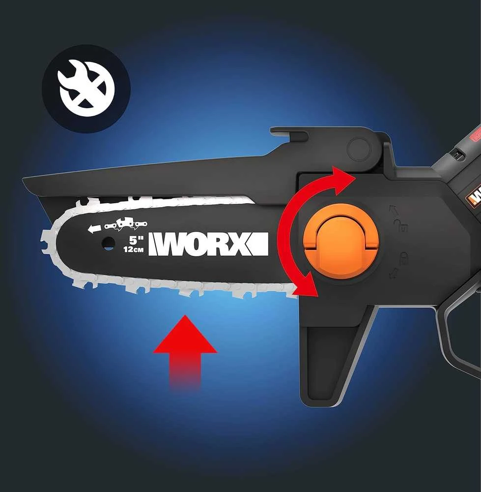WORX akumuliatorinis mini grandininis pjūklas 20 V, bešepetėlinis variklis, 12 cm juosta, WG325E.1