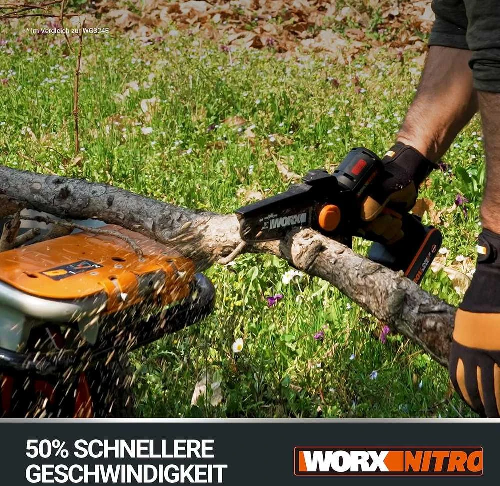 WORX akumuliatorinis mini grandininis pjūklas 20 V, bešepetėlinis variklis, 12 cm juosta, WG325E.1