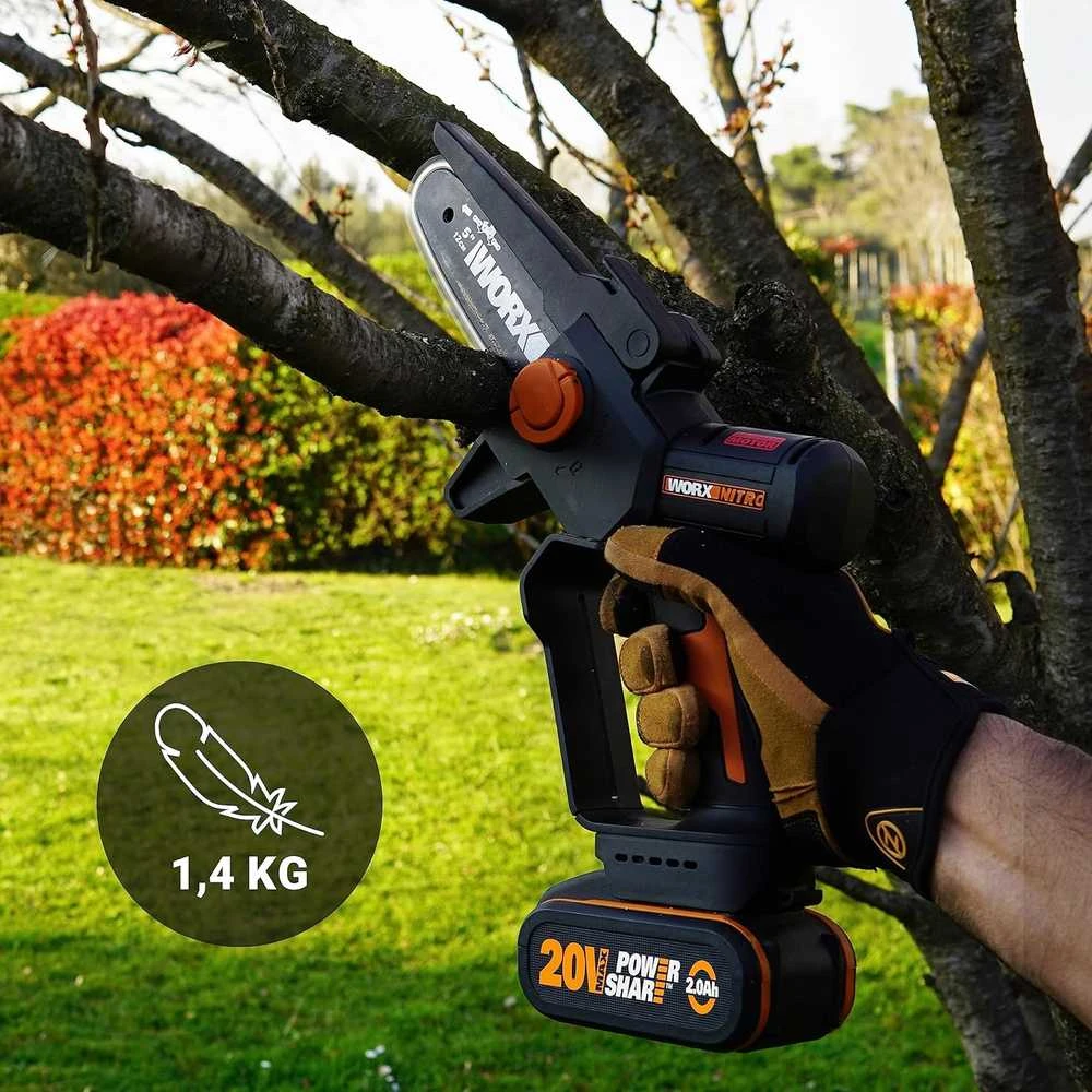 WORX akumuliatorinis mini grandininis pjūklas 20 V, bešepetėlinis variklis, 12 cm juosta, WG325E.1
