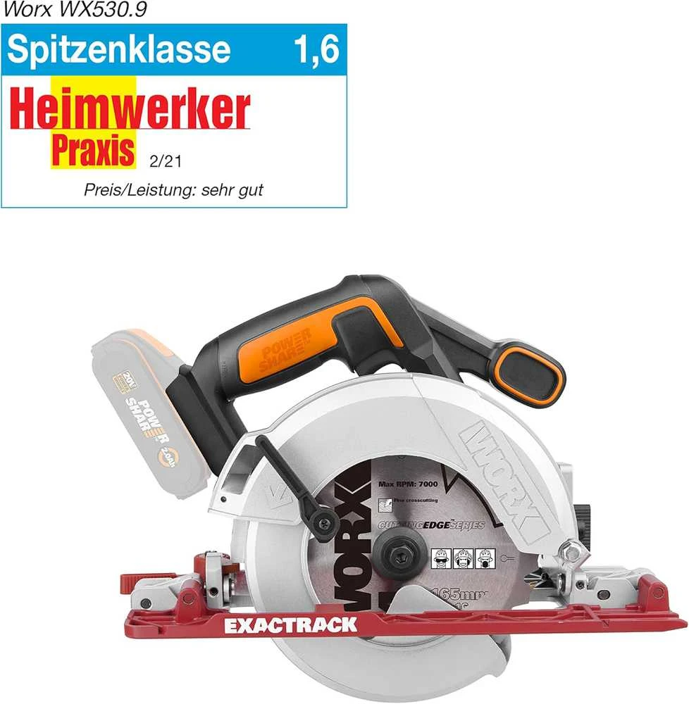 WORX akumuliatorinis rankinis diskinis pjūklas 20 V, 165 mm, su dulkių adapteriu, WX530.9