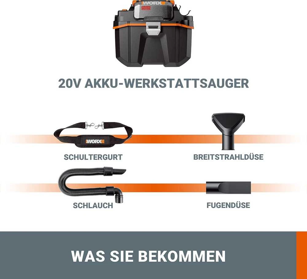 WORX akumuliatorinis šlapio ir sauso valymo dulkių siurblys 20 V, 8 l talpa, WX031.9