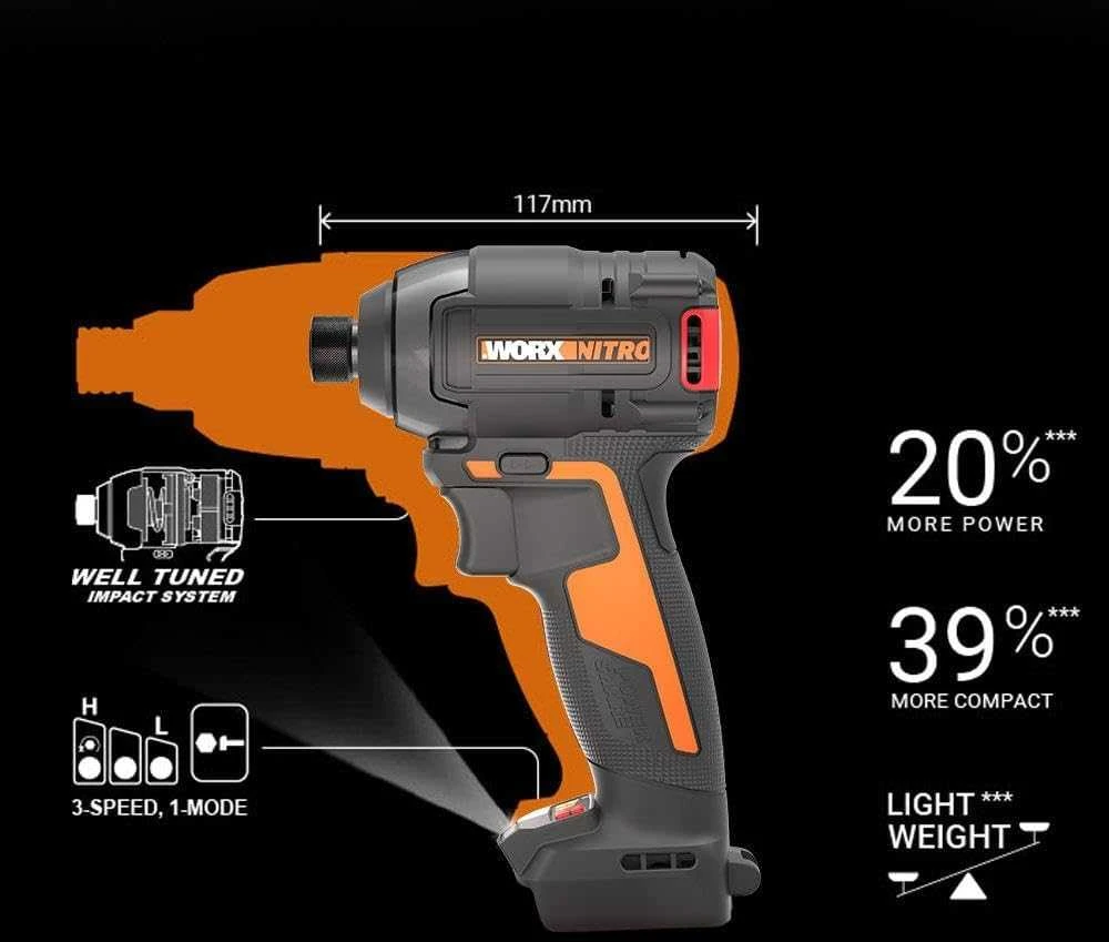 WORX akumuliatorinis smūginis suktuvas 20 V, 200 Nm, bešepetėlis, 3 greičiai, WX265