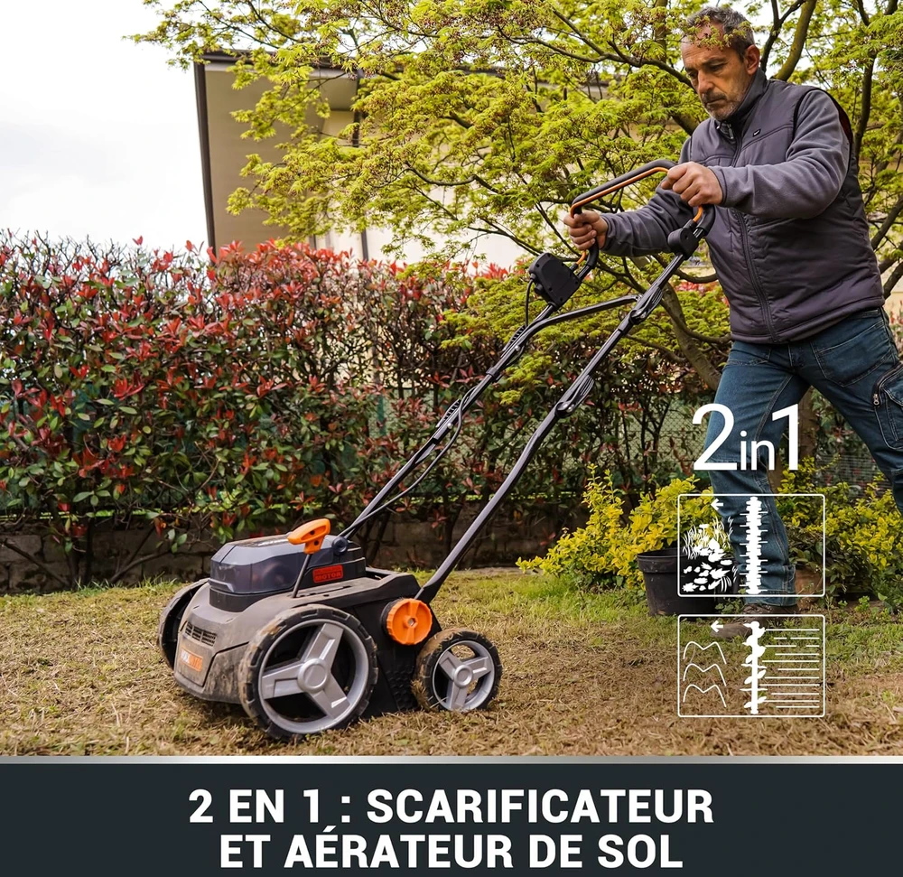 WORX akumuliatorinis vertikalizatorius ir vejos aeratorius, 36 cm pločio, nerūdijantis plienas, WG855E.9