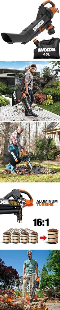 WORX elektrinė lapų pūstuvas ir siurblys 3000 W 3-in-1, 335 km/h, 600 m³/h, WG505E