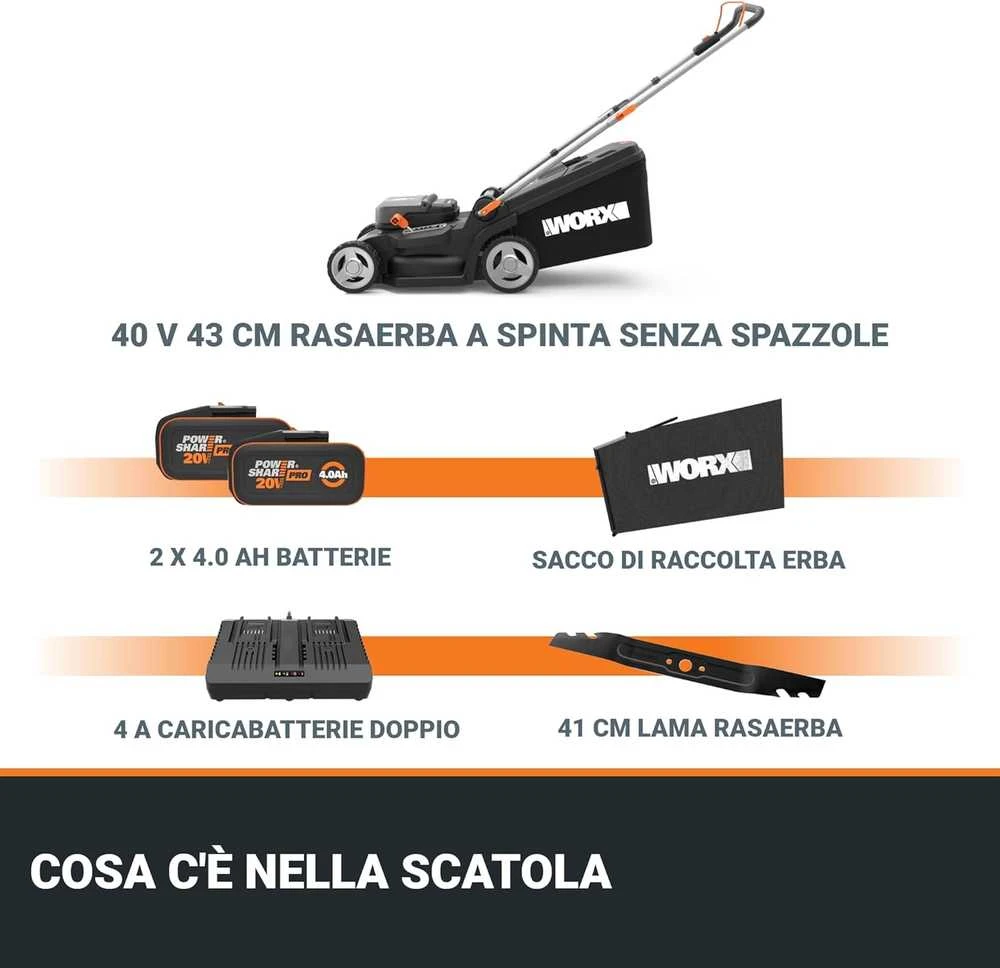 WORX Nitro akumuliatorinė vejapjovė, 37 cm pjovimo plotis, 40 l talpa, WG737E