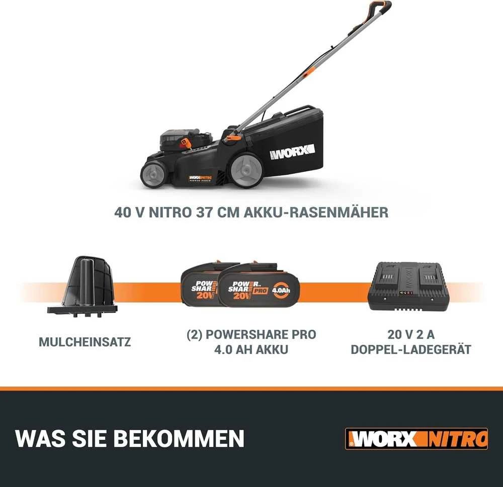WORX Nitro akumuliatorinė vejapjovė, 37 cm pjovimo plotis, 40 l talpa, WG737E