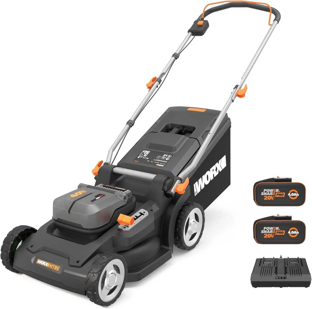 WORX Nitro akumuliatorinė vejapjovė, 37 cm pjovimo plotis, 40 l talpa, WG737E