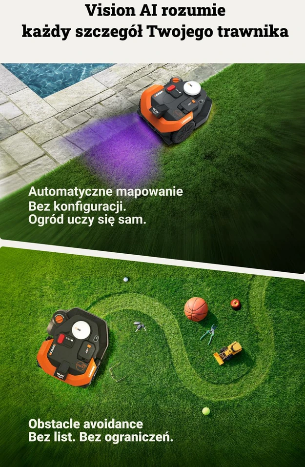 WORX vejapjovės robotas 2WD, be ribinio laido, 1200 m², AI kliūčių atpažinimas, WR312E