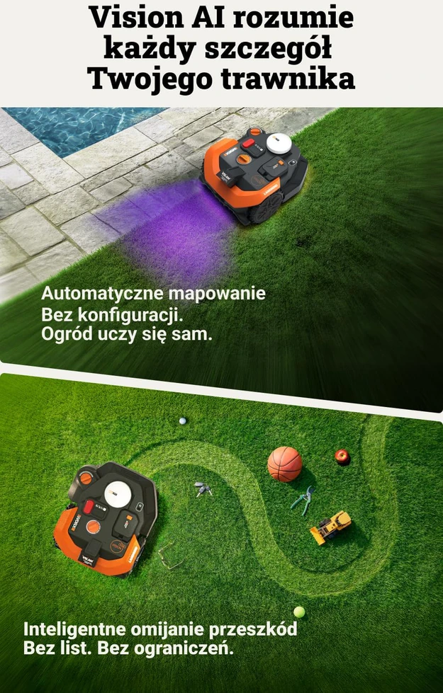 WORX vejapjovės robotas Landroid Vision Cloud WR308E 2WD, AI kliūčių atpažinimas, be laido, iki 800 m²