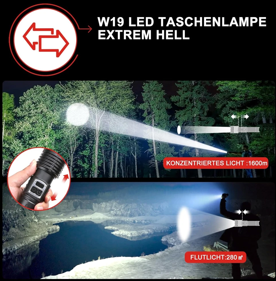 WOWNIGHT LED taktinė prožektorius, 1000000 lm, IPX6, USB-C įkrovimas, WOWNIGHT-W19-DE-HY