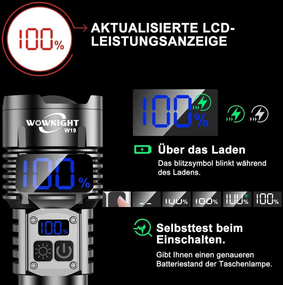 WOWNIGHT LED taktinė prožektorius, 1000000 lm, IPX6, USB-C įkrovimas, WOWNIGHT-W19-DE-HY