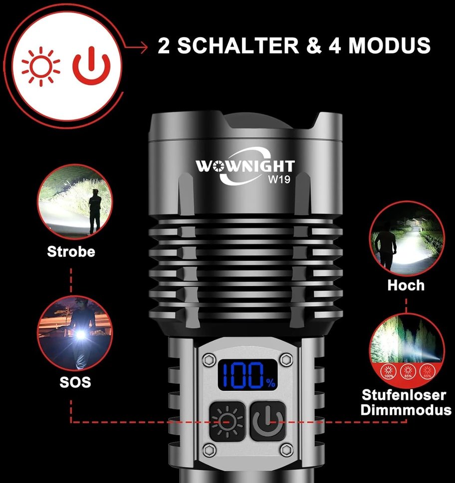 WOWNIGHT LED taktinė prožektorius, 1000000 lm, IPX6, USB-C įkrovimas, WOWNIGHT-W19-DE-HY