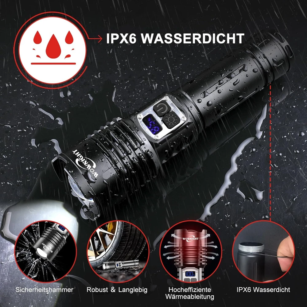 WOWNIGHT LED taktinė prožektorius, 1000000 lm, IPX6, USB-C įkrovimas, WOWNIGHT-W19-DE-HY